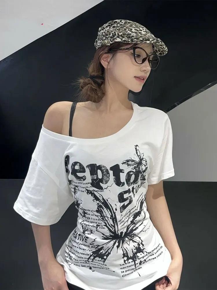 White 100% Cotton Y2k Vintage Oversize Off shoulder Short sleeve T shirt With Print Women Casual Sum