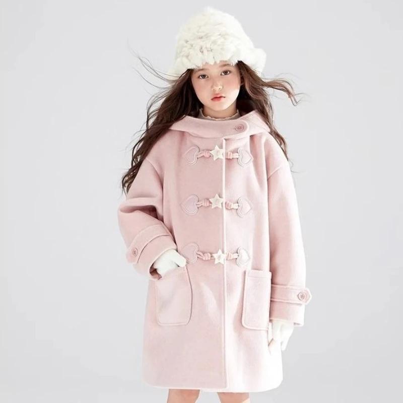 2025 nouveau manteau d'hiver manteau à capuche en laine rose pêche avec boutons en corne de chèvre é