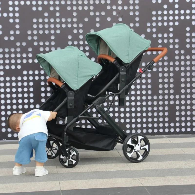 Poussette bébé jumeaux 3 en 1 avec siège auto, landau double pour enfants, panier de couchage détach