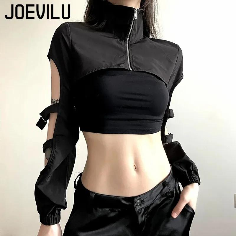 JOEVILU Femmes Cyberpunk Goth Harajuku Récolte Hauts Manches Longues Évider Fermeture Éclair T-shirt