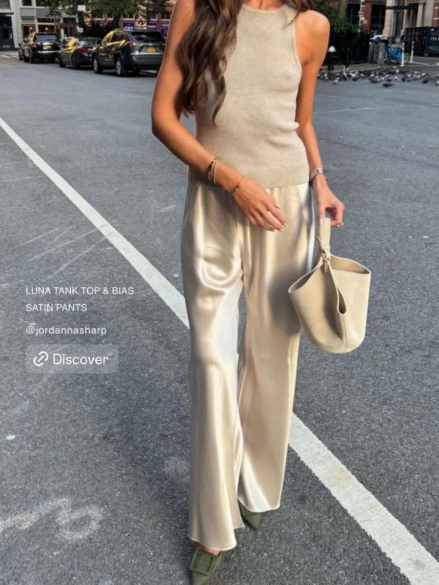 Nouveau pantalon large en satin de soie pour femme, taille basse, style baggy Y2K, pour les fêtes, l