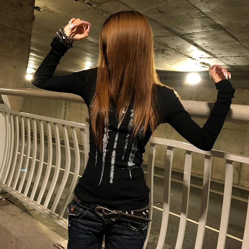 Karrcat Grunge esthétique tatouage imprimé hauts tricotés Trashy Y2k à manches longues tricot T-shir