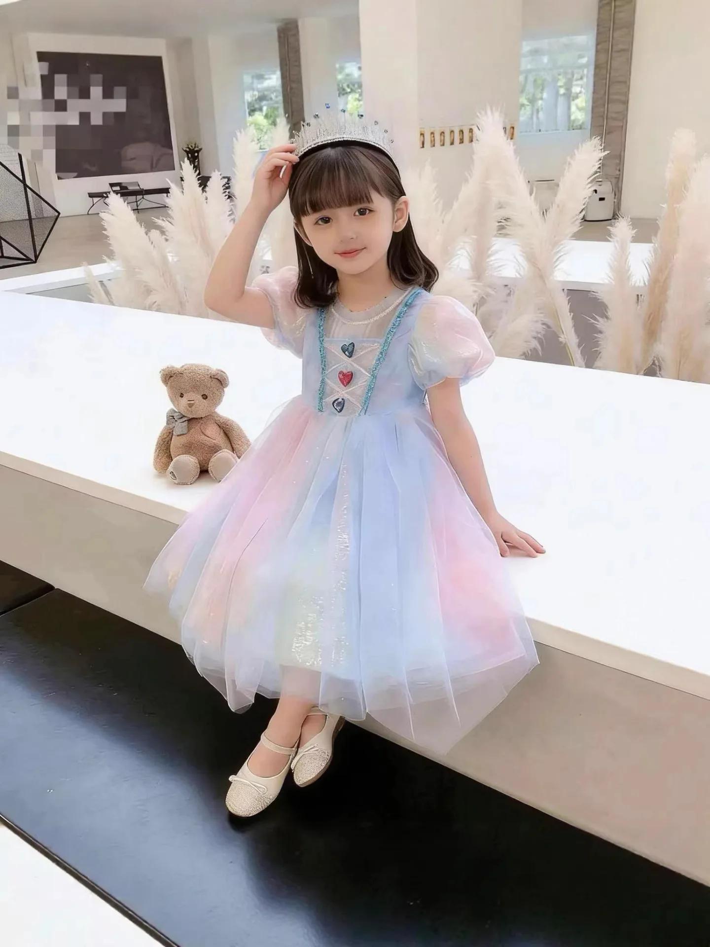 Robe en tulle dégradé arc-en-ciel inspirée d'Elsa pour filles, costume de princesse pour enfants, ét