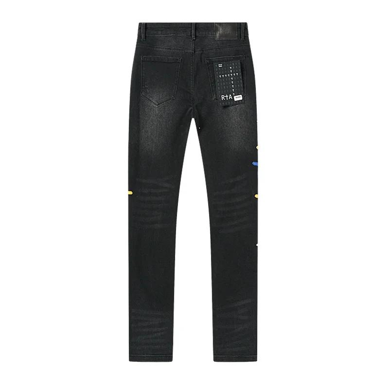 2025 nouveau trou de rayure détruit hommes haute rue coupe ajustée maigre noir clair broderie Denim 