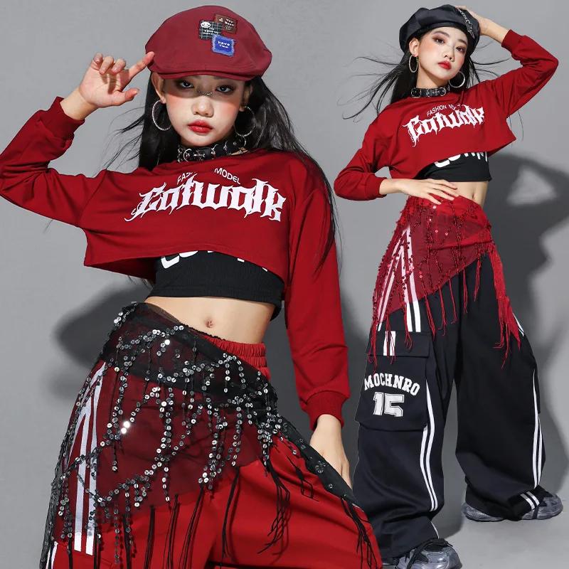 Ensemble de vêtements pour filles Hip Hop, sweat-shirt court à nœud rouge, pantalon cargo, costume d