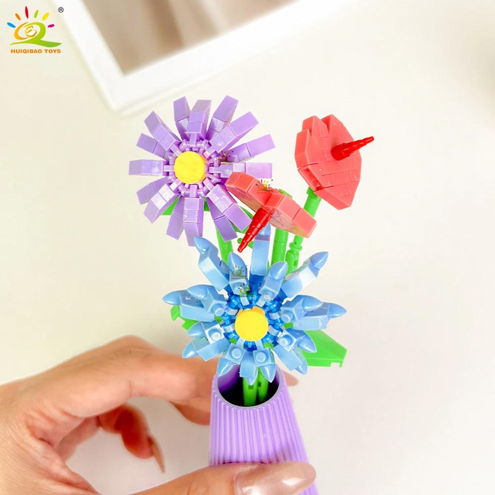 HUIQIBAO MOC Bouquet de fleurs éternelles avec pot Micro bloc de construction tournesol Rose Mini mo