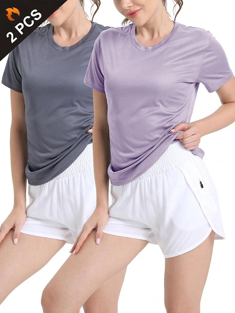 T-Shirt de Sport ultraléger à séchage rapide pour femmes, 2 pièces, couleur unie, haut léger et resp