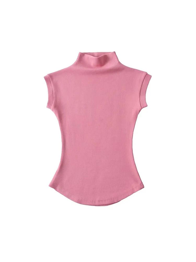 Femmes été Sexy col roulé sans manches T-Shirts hauts solide coupe ajustée pulls t-shirts décontract