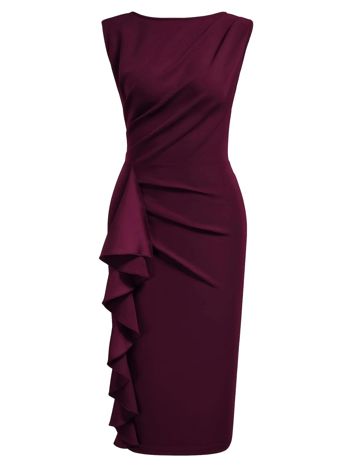 Robe fourreau élégante pour femme, col rond, sans manches, style vintage, ajustée, pour le travail, 