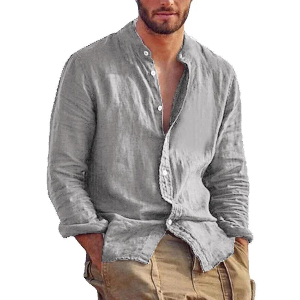 Sweat-shirt à manches longues pour hommes, chemise en lin de couleur unie, tendance, col montant, dé