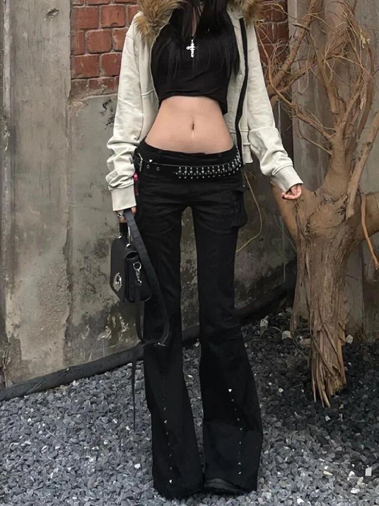 Pantalon Long évasé pour femmes, académique foncé, Goblin Core, Gyaru Goth, taille basse, Streetwear