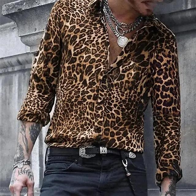 Chemise à manches longues pour hommes, motif imprimé léopard, bouton à revers, imprimé en 3D, décont