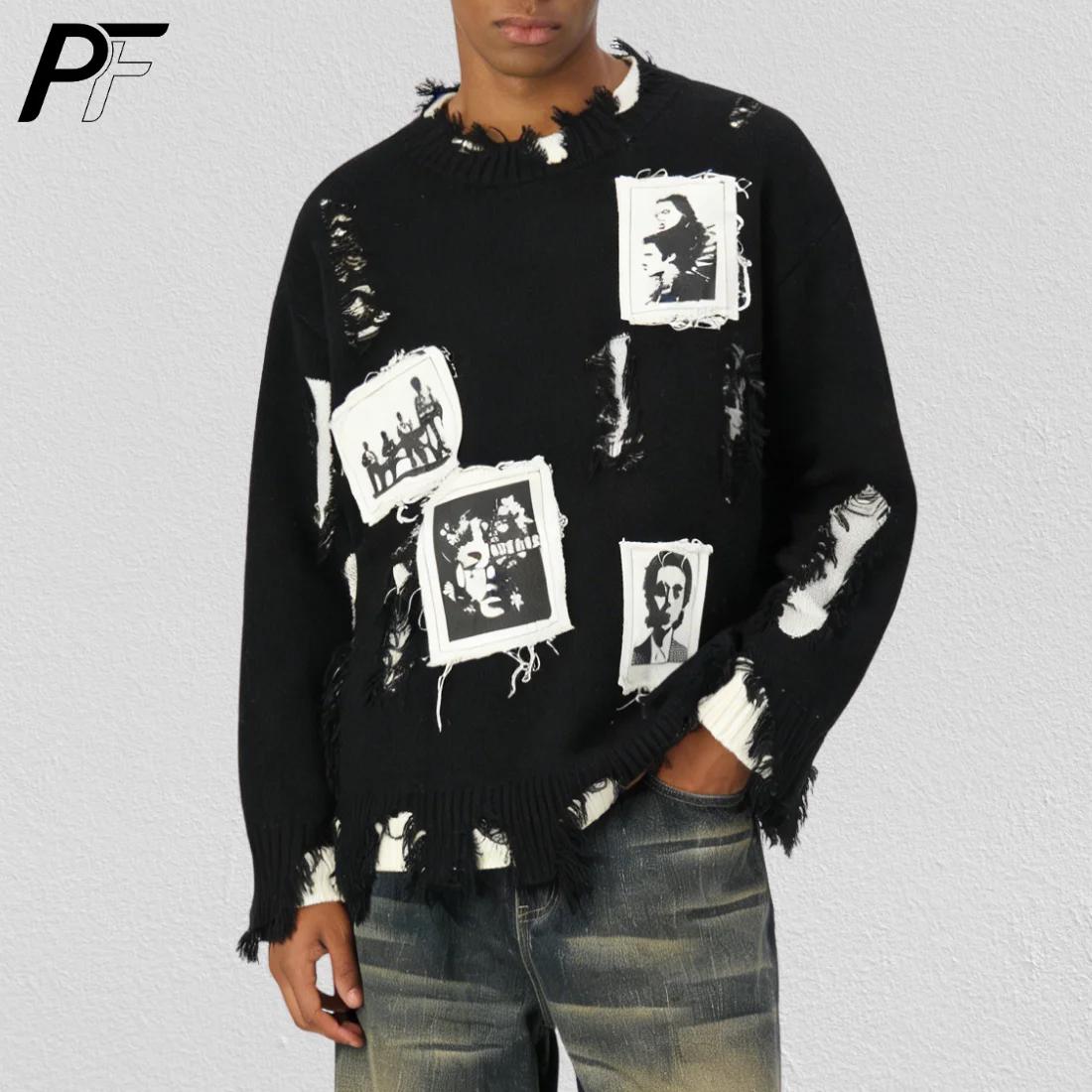 Pull col rond déchiré style rétro américain avec patch portrait, coupe ample, manches longues, décon