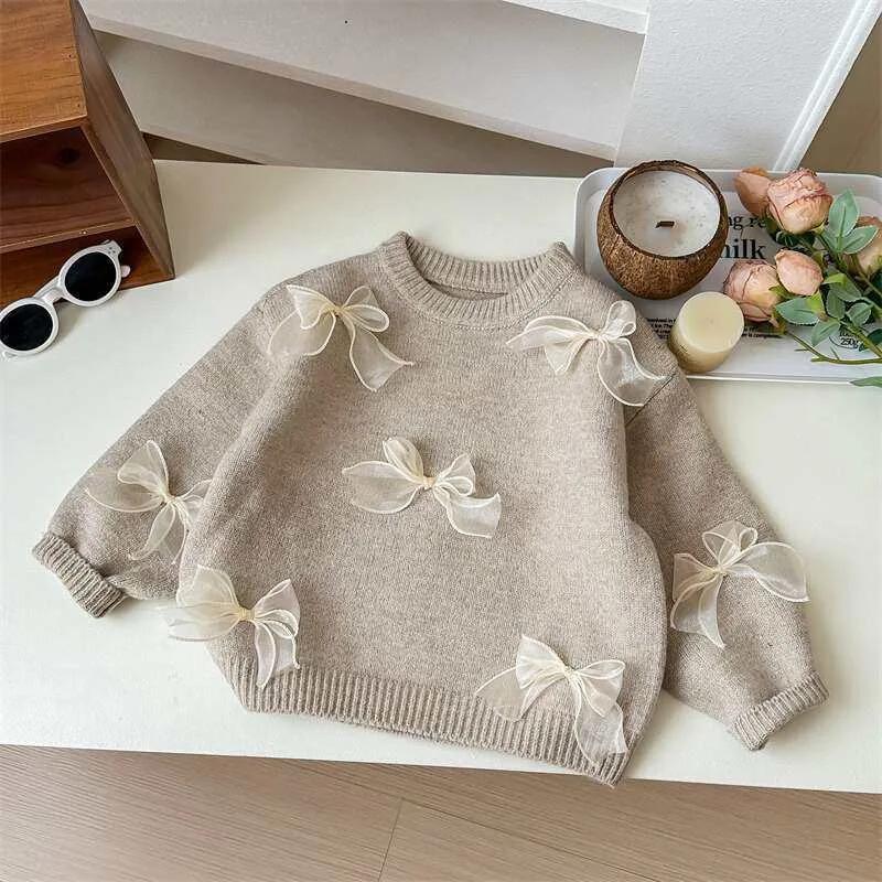 Chandails coréens de couleur unie pour filles, vêtements pour enfants avec nœud mignon, automne hive