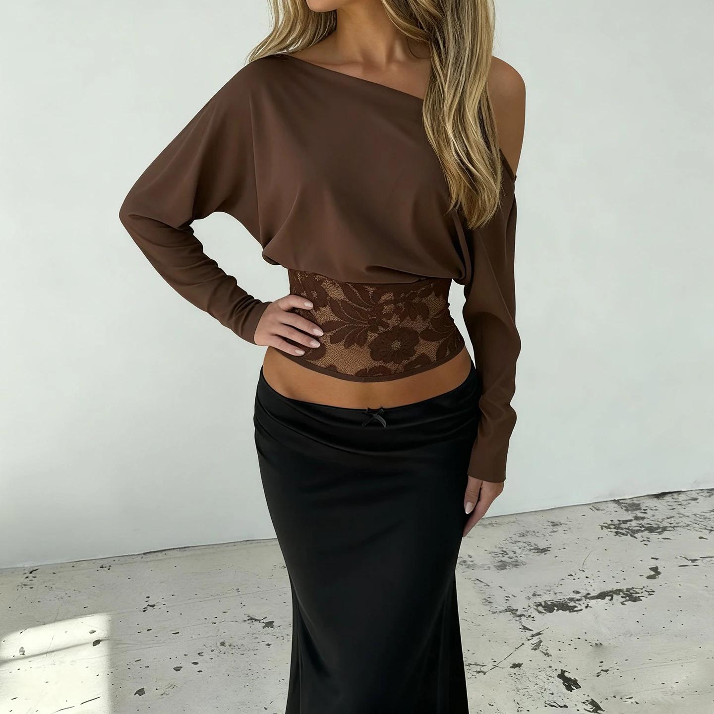 SUCHCUTE élégant épaules dénudées dentelle garnie taille défini haut rétro Streetwear solide à manch