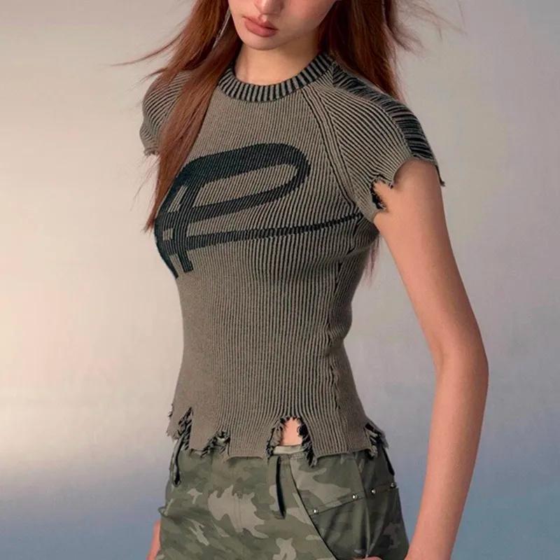 Karrcat-T-shirt Punk Broken Crop Top, Esthétique Grunge, Vintages, DistMurcia Top, Harajuku Slim dea