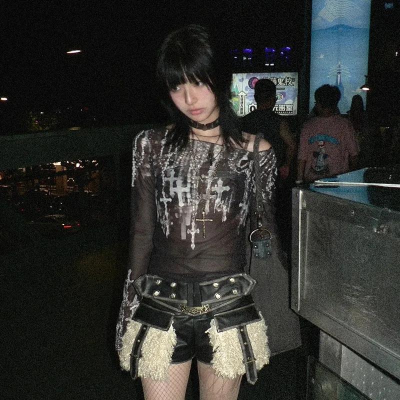 Karrram Grunge esthétique maille hauts japonais Y2k tatouage imprimé hauts transparents Vintage Hara