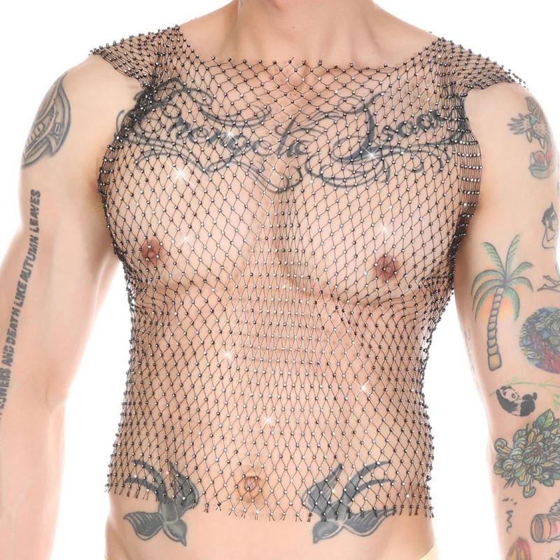 Débardeur de Fitness Transparent pour hommes, gilet en résille Sexy avec strass, hauts musculaires t