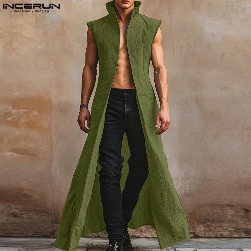 INCERUN hommes chemises de Style Long solide col montant sans manches décontracté mâle Cardigan Stre