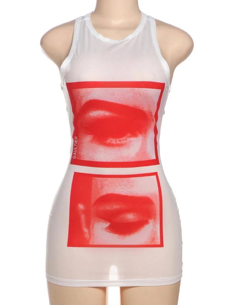 Bizarre Puss Lip Print Femmes Longs Tops Sexy Y2K Hipster Mince O-cou Sans Manches Sauvage De Base S