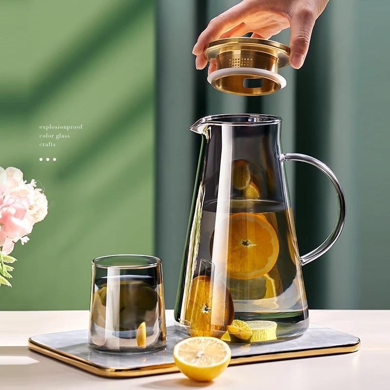 Pichet à eau Transparent en verre résistant à la chaleur, bouilloire et tasses d'eau froide avec poi
