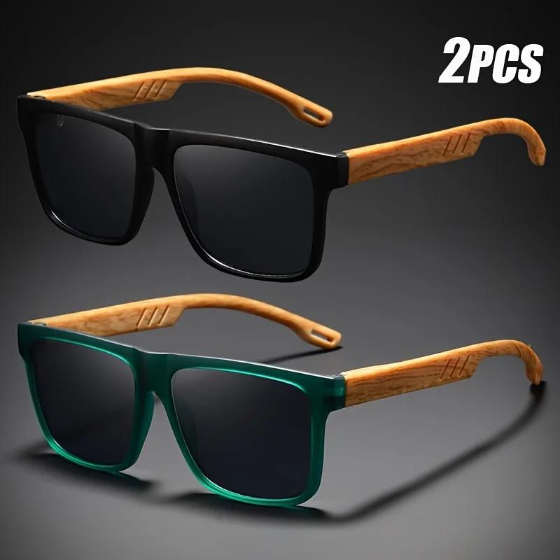 Lunettes de soleil carrées décontractées, Grain de bois, charnières à ressort, Protection UV400, uni