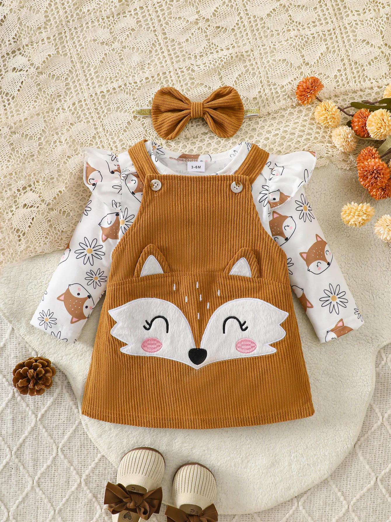 Ensemble en velours côtelé Little Fox Autumn Story : Combinaison imprimée marguerites + Jupe à brete