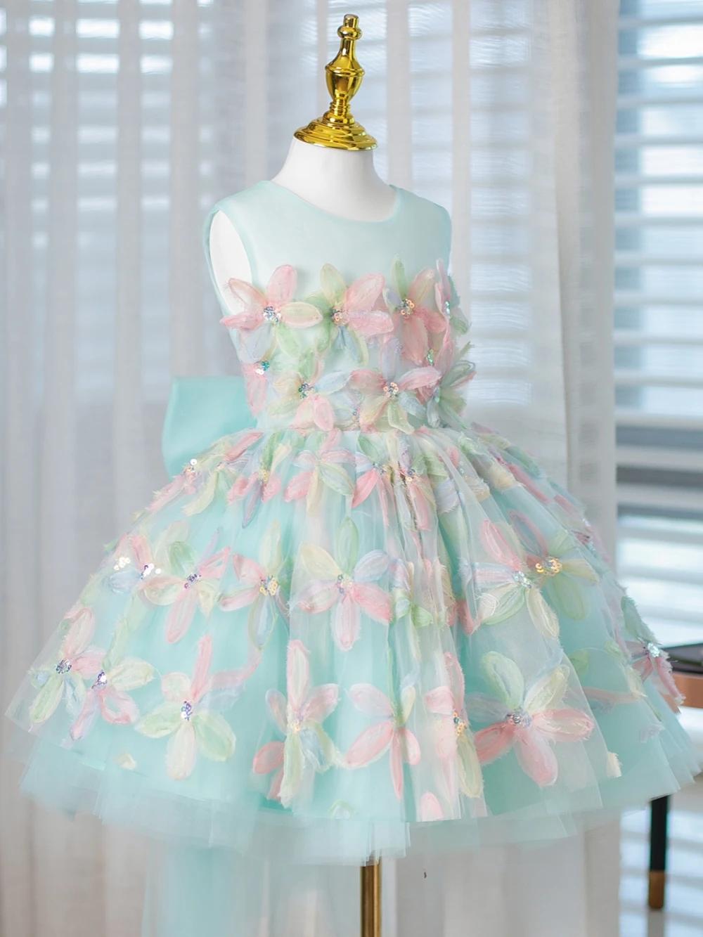 Robe de princesse colorée à fleurs 3D pour enfants, 80-160cm, élégante, col rond, sans manches, avec