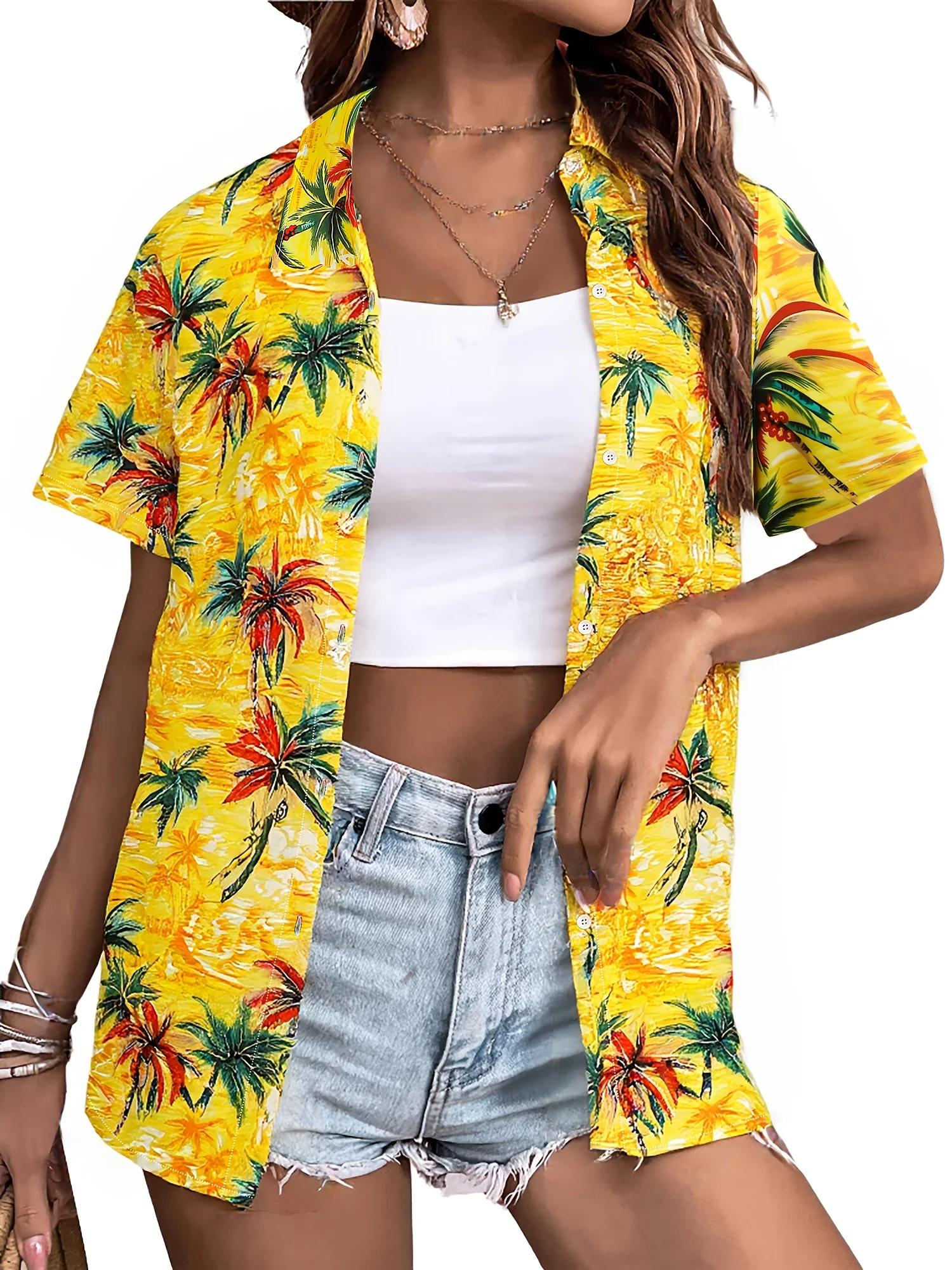 Mode d'été femmes hawaïen cocotier imprimé à manches courtes revers décontracté bouton chemise hauts