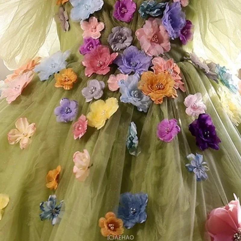 Robe de bal longue pour filles, vêtements floraux verts, robes de princesse d'anniversaire, tenue de