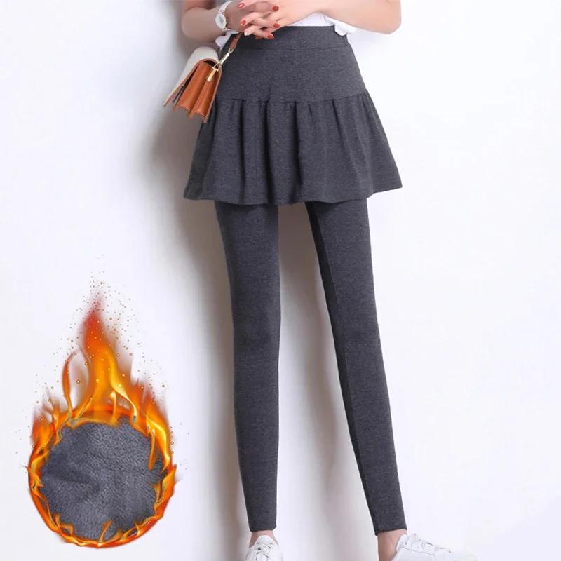 Femmes jupes plissées Leggings épaissi peluche hiver chaud pantalon thermique serré pantalon Leggins
