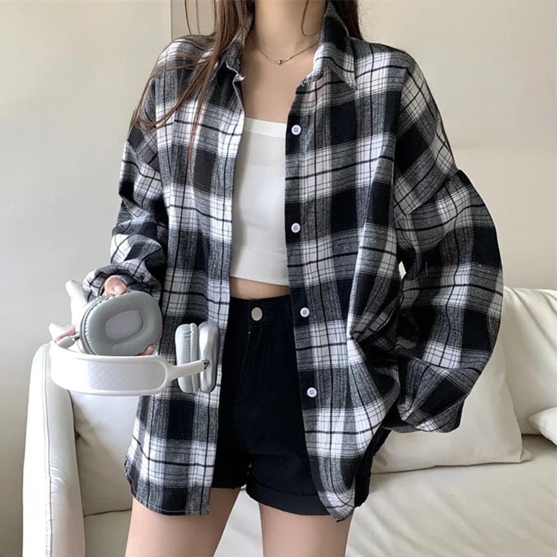 Chemise en flanelle noire pour femmes, manches longues, col boutonné, chemise à carreaux Tartan, ves
