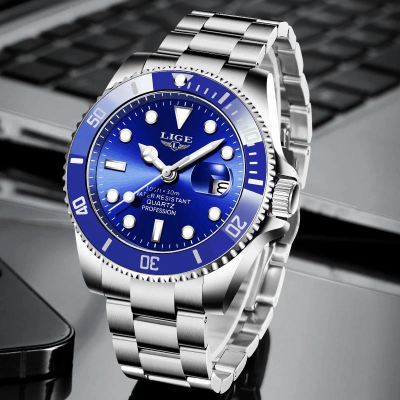 LIGE Top Original hommes montres à Quartz bleu montre étanche pour hommes en acier inoxydable Quartz