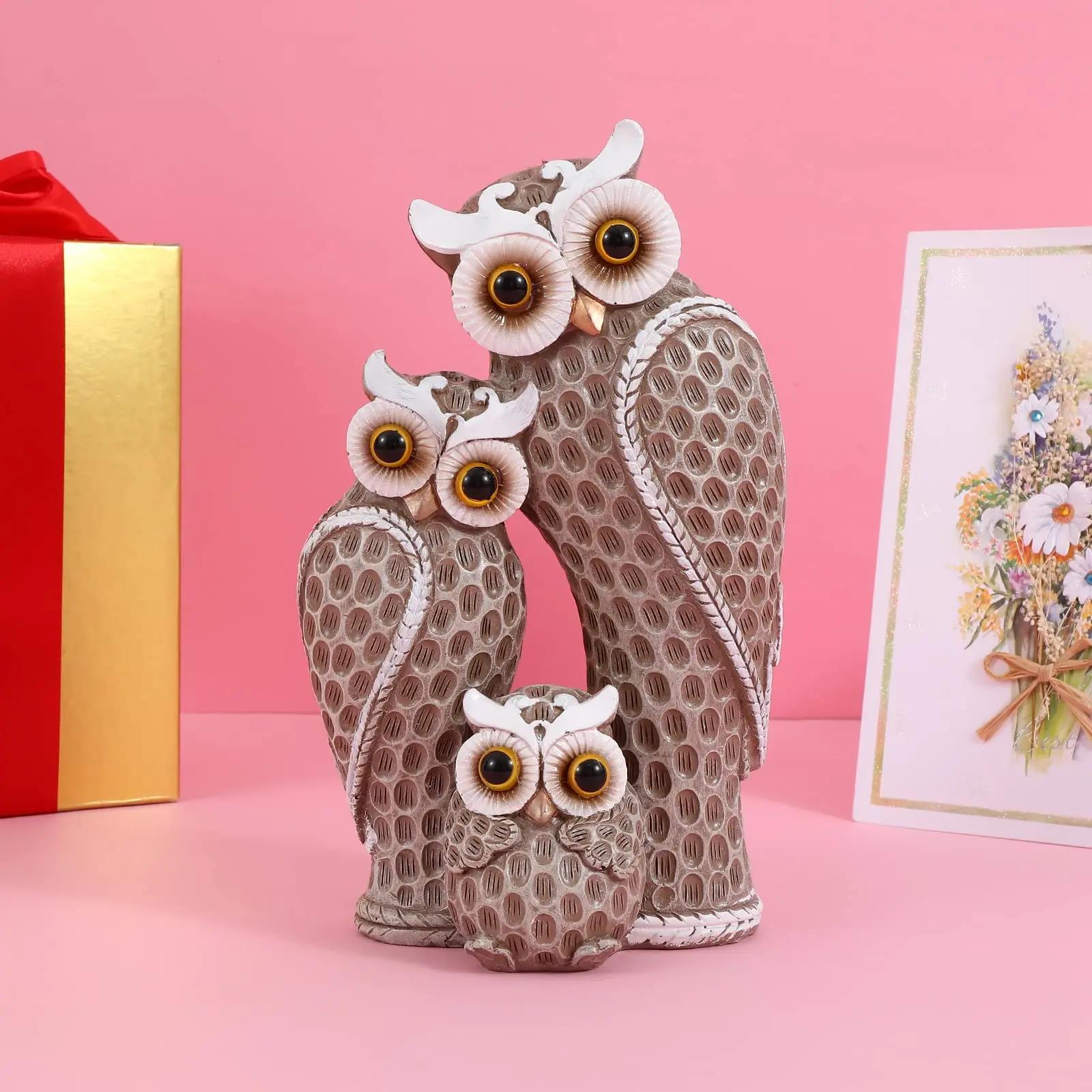Famille de trois statues de hibou mignonnes, décoration de maison, statues de hibou sur étagères, dé