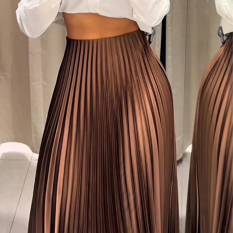 HXAO femmes jupe plissée été marron jupe à volants cylindre plis taille moyenne jupe Midi mode éléga