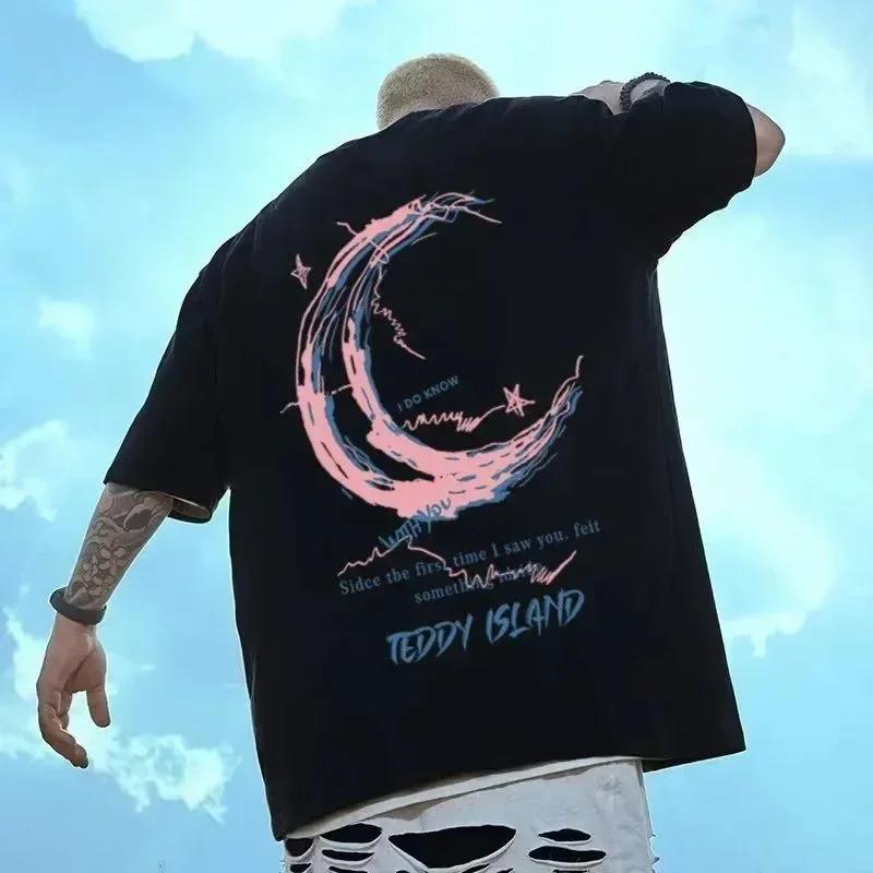 Hommes surdimensionné 8XL T-shirt mode ample américain Vintage rose croissant imprimé à manches cour