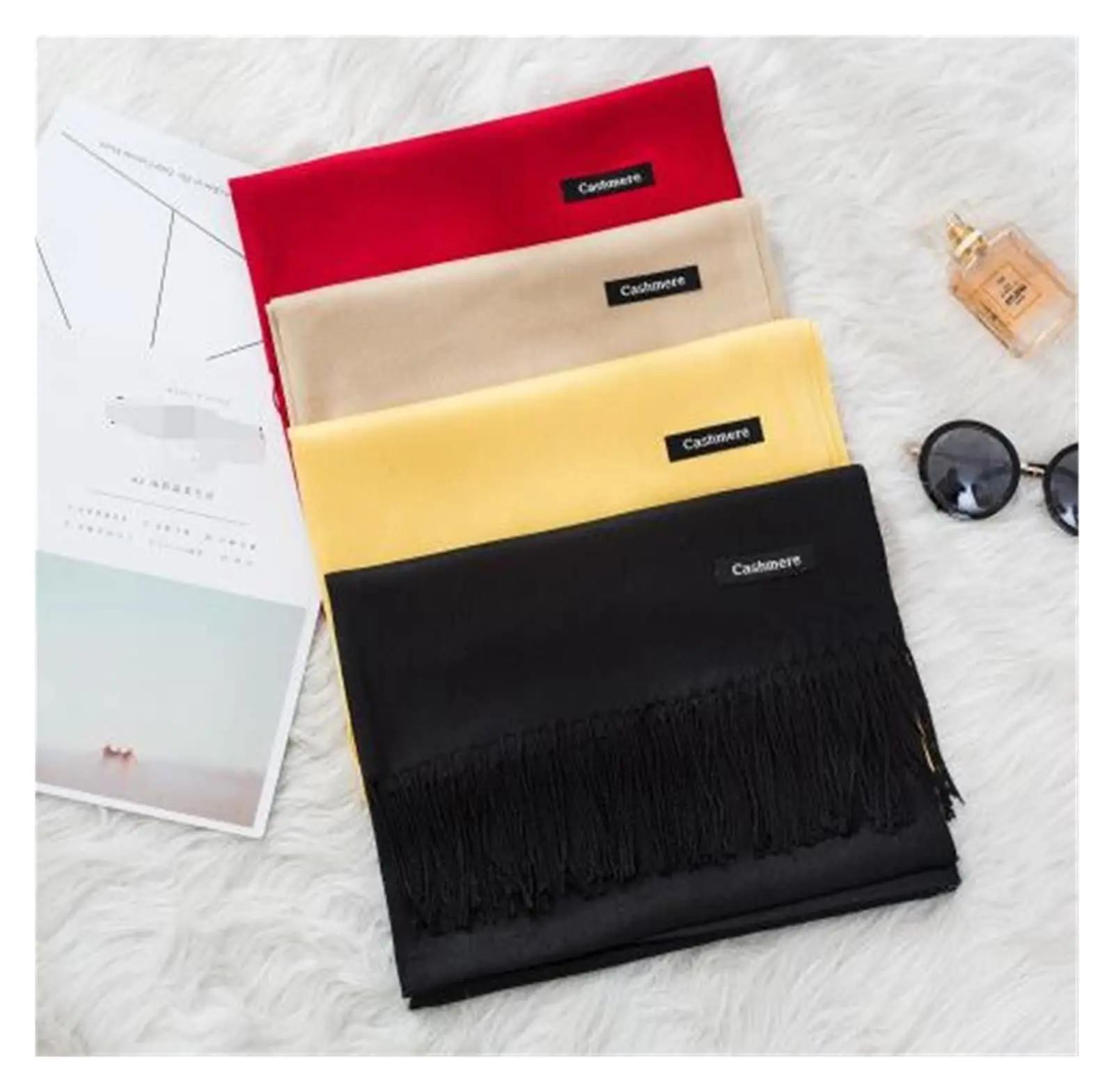 Femmes solide écharpe cachemire sentiment Pashmina châles gland Hijab bandeau Femme mince printemps 