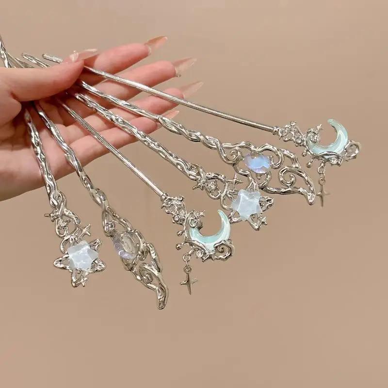 Ensemble d'épingles à cheveux en pierre de lune et étoile pour femmes, bâton de cheveux élégant en a