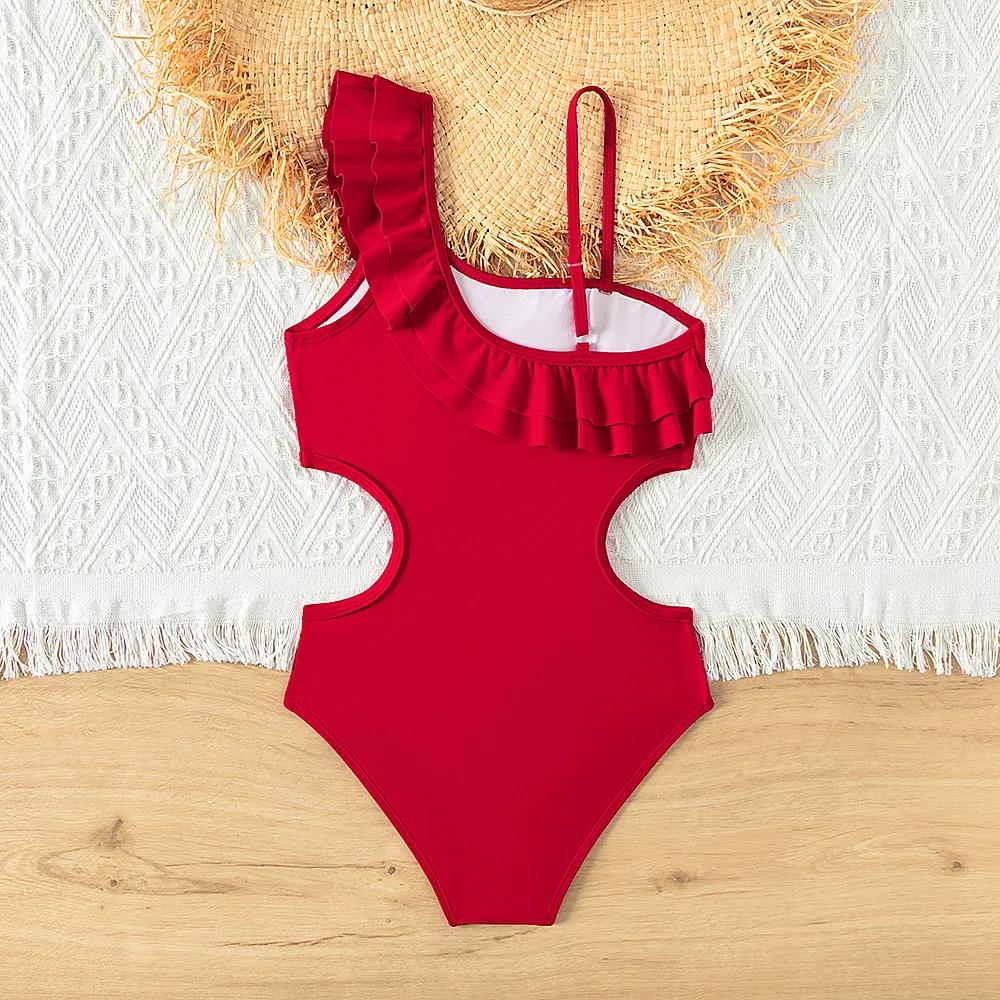 Maillot de bain rouge rétro pour adolescentes, ensemble une pièce à volants, vêtements de plage pour