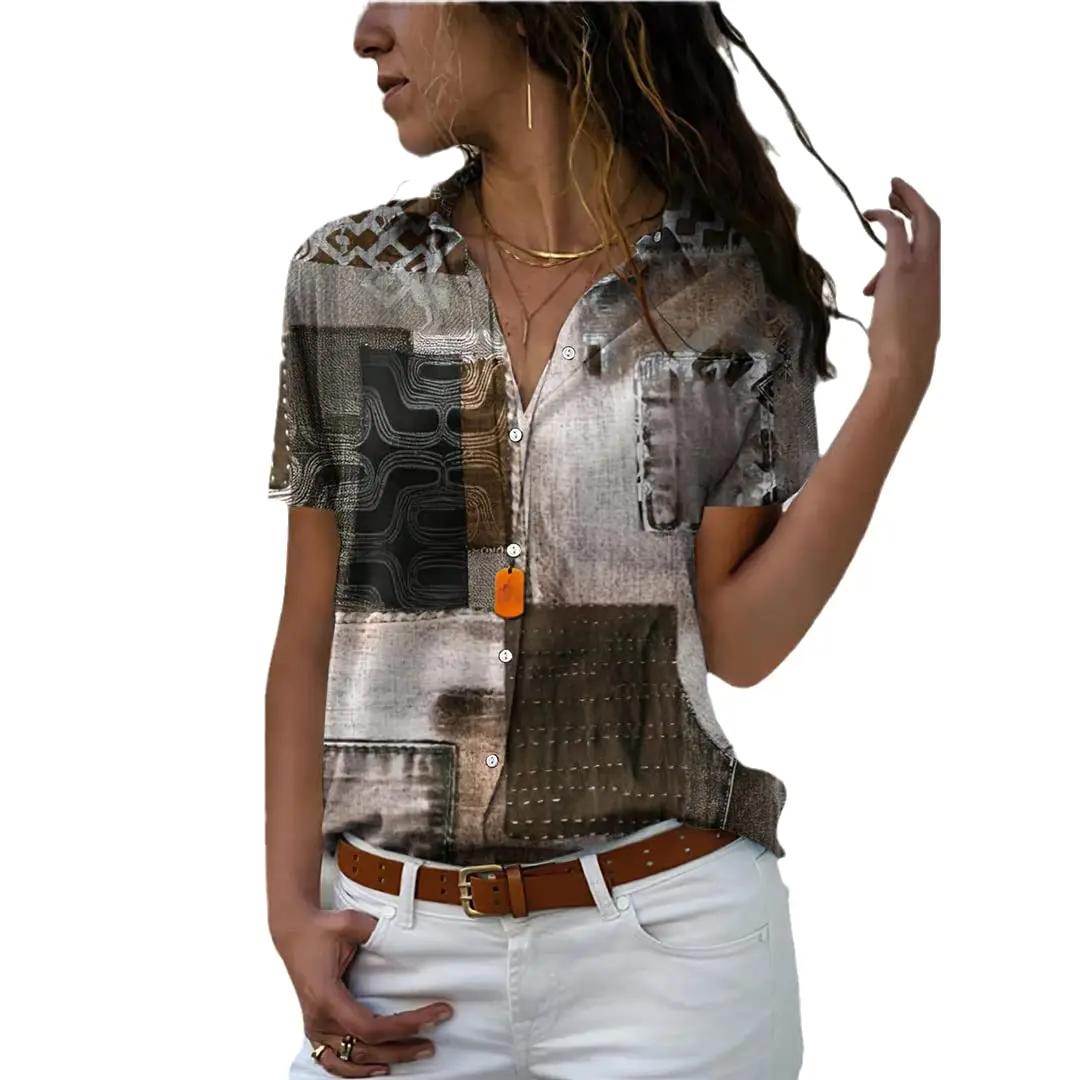 Mode d'été femmes couture rétro imprimé à manches courtes revers décontracté bouton chemise hauts fe