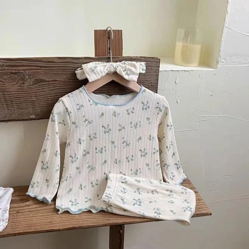 ‌ Nouveauté bébé filles imprimé fleuri coton pyjama ensemble à manches longues dentelle garniture de