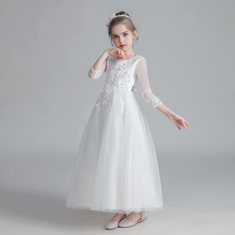 Robe de princesse en tulle à manches longues pour filles, robe de demoiselle d'honneur pour adolesce
