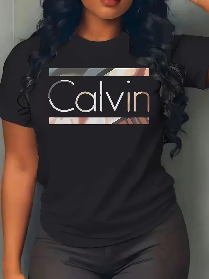 T-shirt sportswear décontracté pour femme, motif lettres Calvin, col rond, manches courtes, style Y2