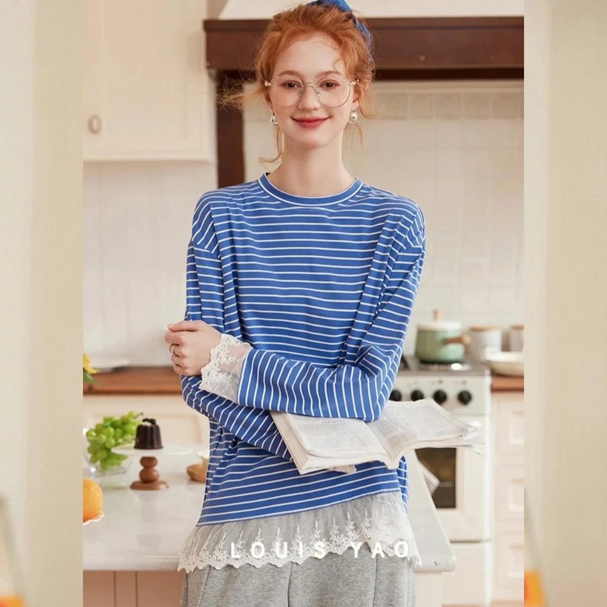 T-shirts pour femmes LOUIS YAO aux couleurs contrastées, collection automne 2025, à rayures et dente