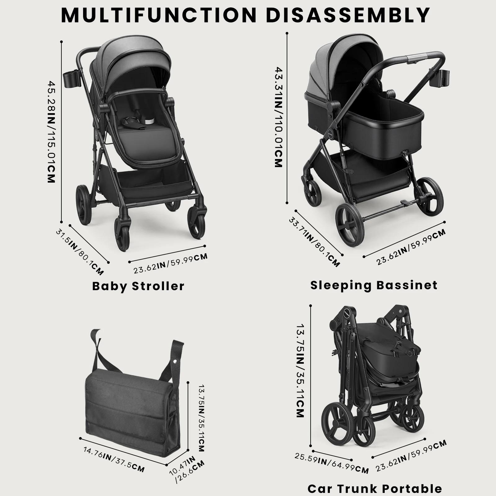 Poussette pour bébé 2 en 1, landau pliable avec siège réversible, auvent réglable, panier de rangeme