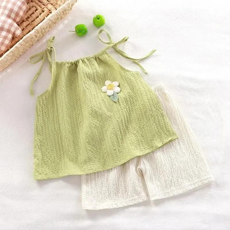 Ensemble deux pièces pour filles, gilet et short à fleurs, à la mode coréenne, vêtements quotidiens 