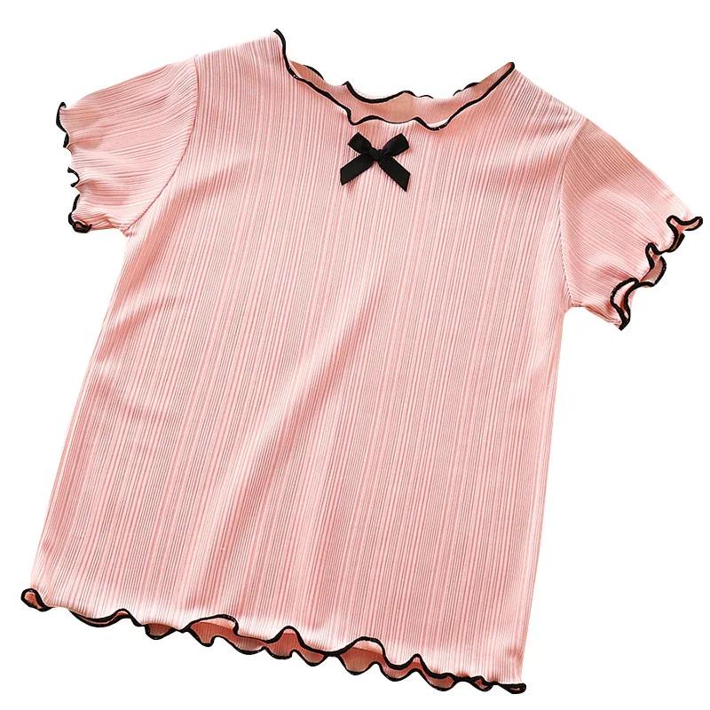 T-shirts d'été à manches courtes en tricot fin avec volants et dentelle pour bébés filles, nouveaux 