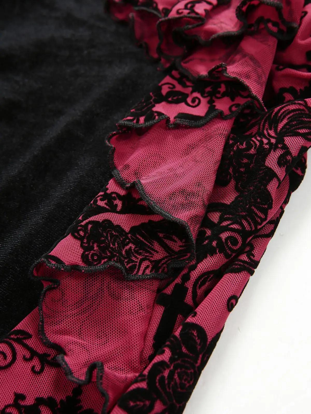 S-3XL gothique femmes Flare pantalon fleur croix flocage volants Patchwork velours bas 2026 nouveau 