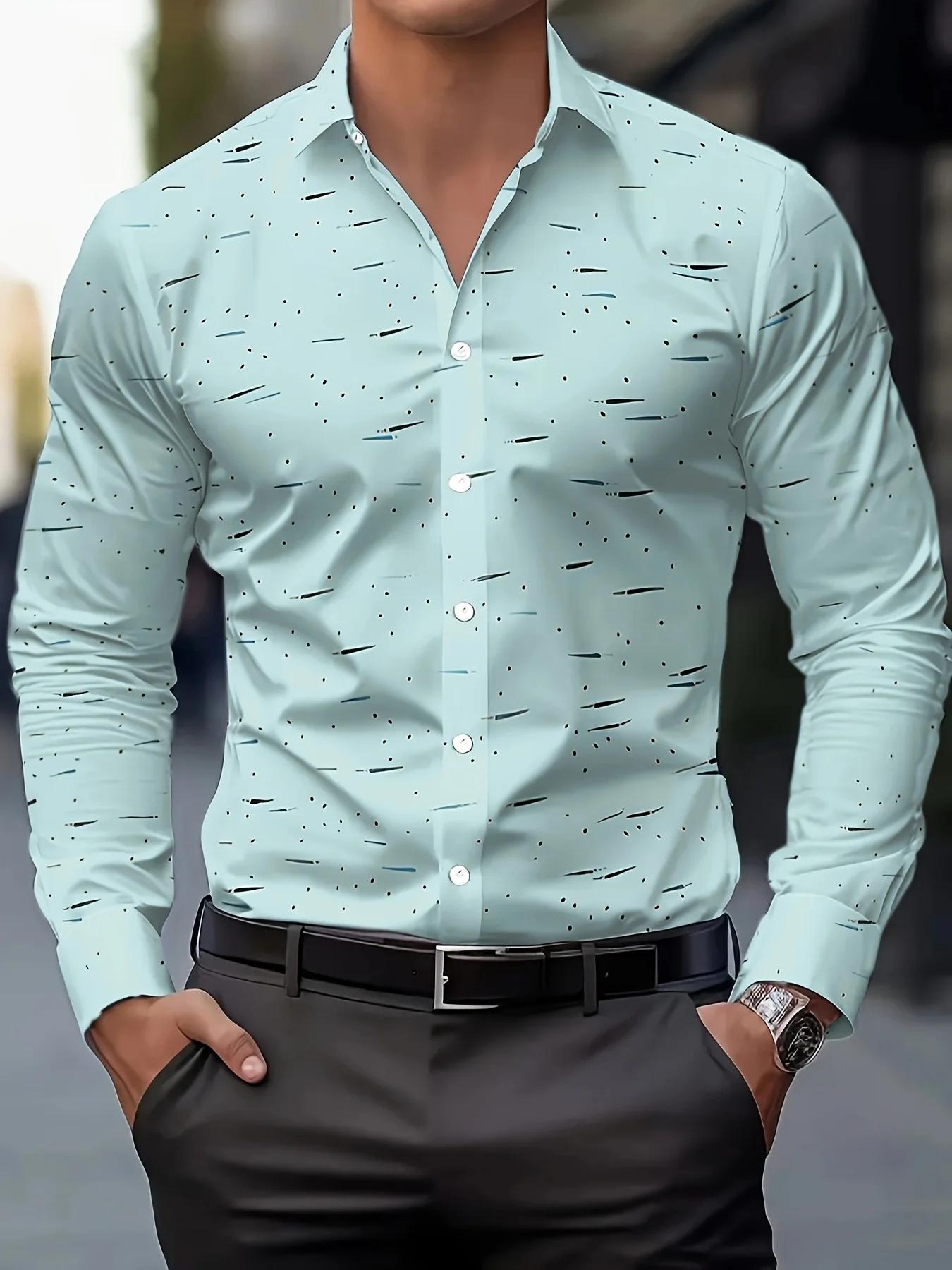 Chemise boutonnée imprimée décontractée bleu clair pour hommes – Polyester respirant, manches longue