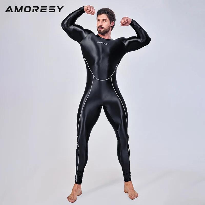 AMORESY hommes lisse pleine longueur survêtements une pièce collants combinaisons Spandex course bar
